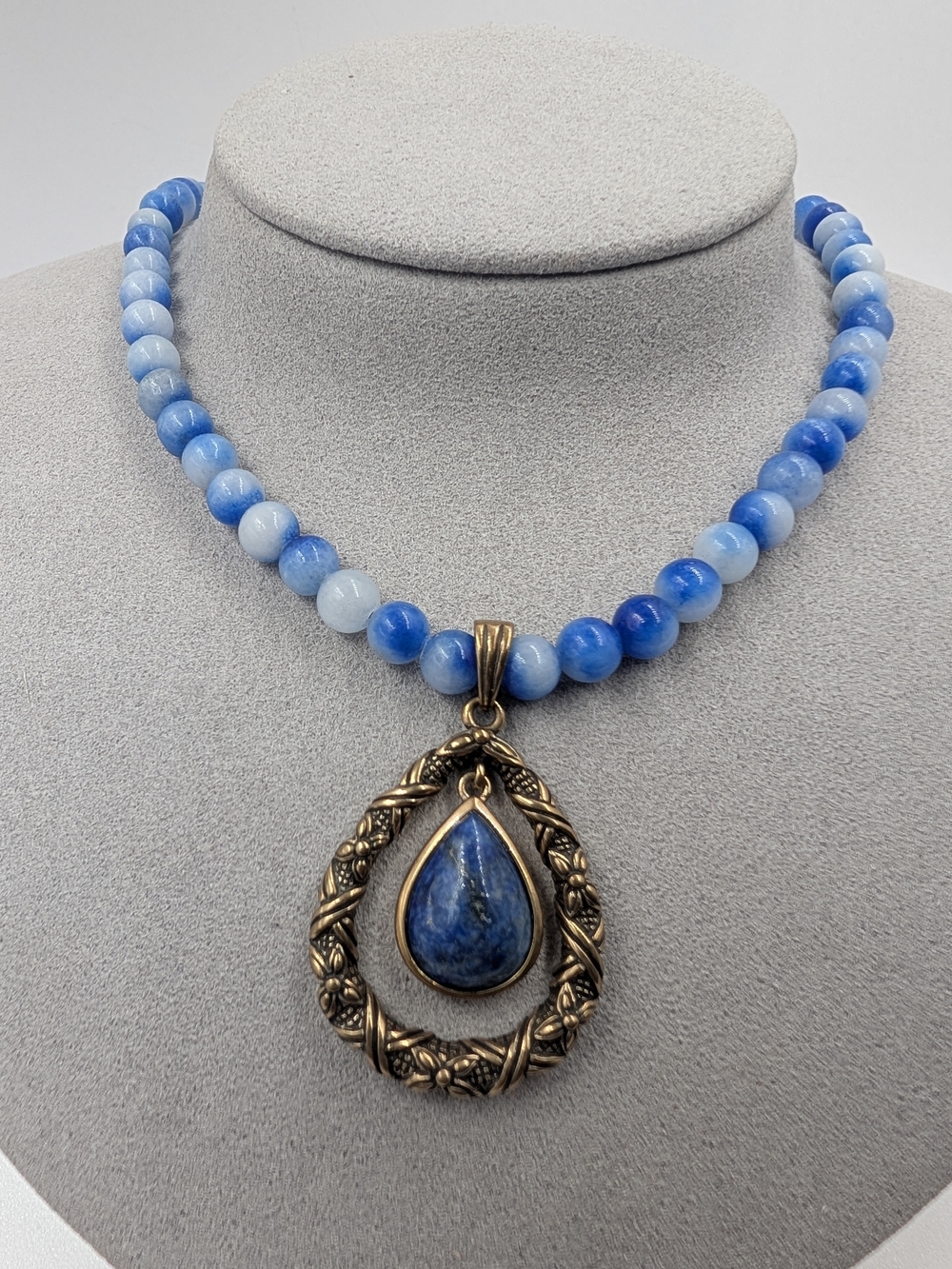 Vintage Blue Quartz Beaded Lapis Lazuli Teardrop Bronze Pendant Necklace 0410
